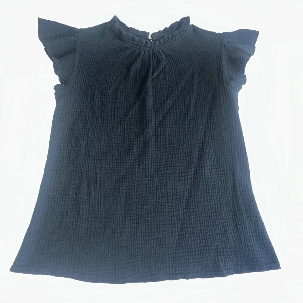 Unbranded Womens Black Textured Gauze Ruffle Neck Flutter Sleeve Boho Top Size M